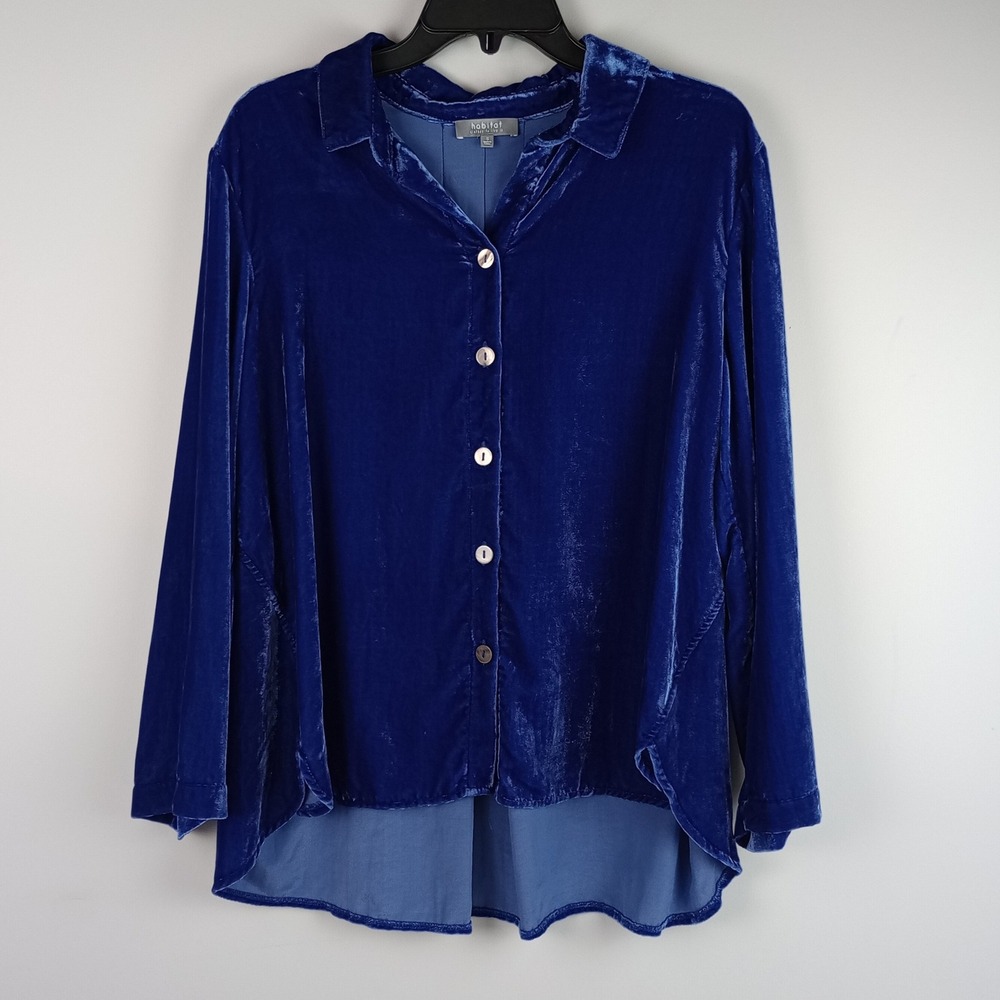Habitat Womens S Blue Velvet Button Up Long Sleeve High Low Hem Blouse Top